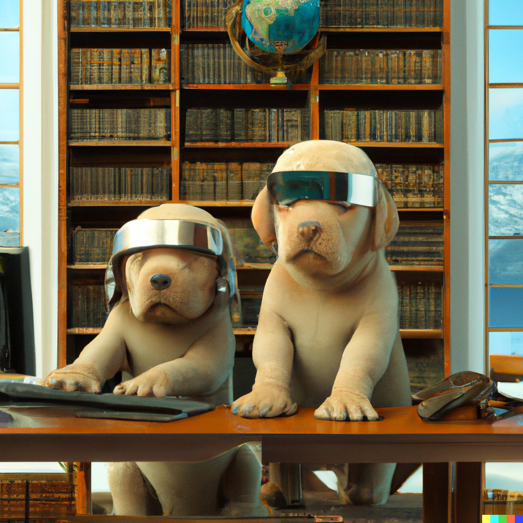 DALL·E 2022-12-14 22.09.22 - future library with Labrador puppies as librarians wearing cool sunglasses looking at the computer, digital art - אן קרינסקי